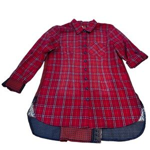 Aratta Silent Journey Plaid Top Medium Handkerchief Back Hi Low